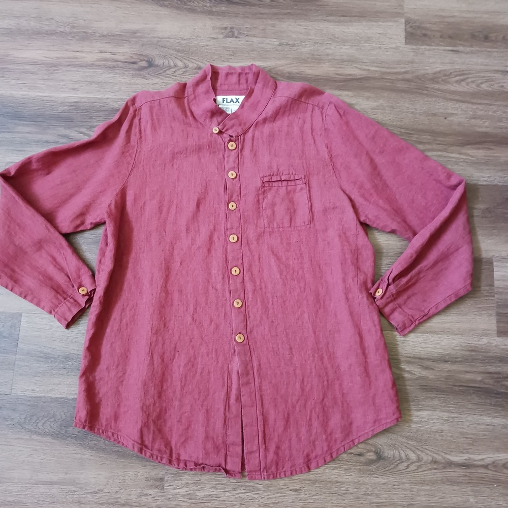 FLAX 100% Linen Mandarin Collar Button Down Shirt Brick Red Lagenlook